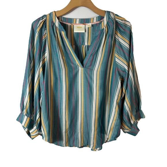 Maeve Tops - Anthropologie Maeve Byron Blue Striped Balloon Sleeve Split Neck Top Size Small